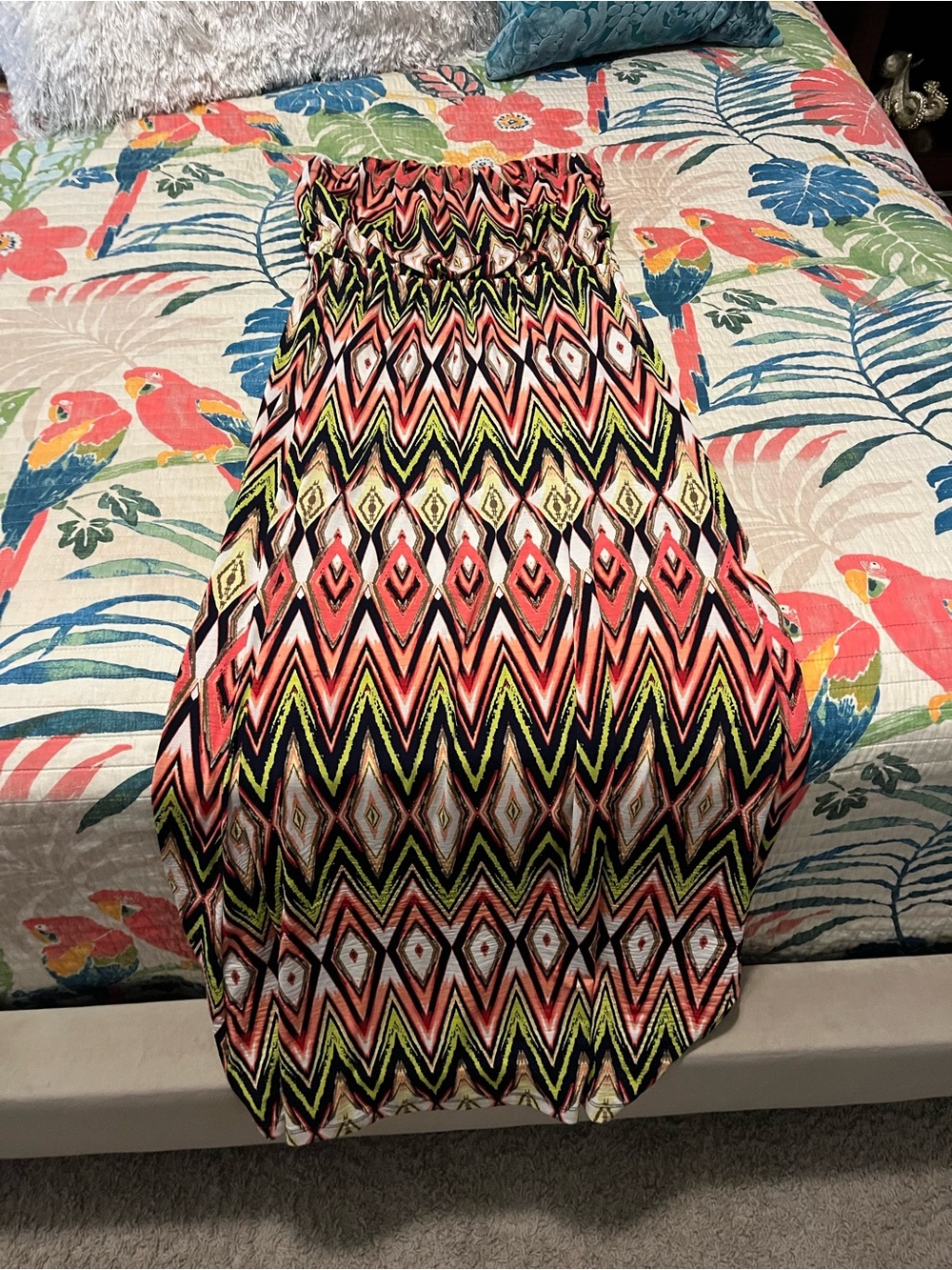 Trixxi Chevron & Diamond Maxi Skirt - Coral, Black & Lime